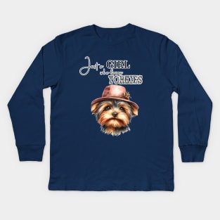 Just a Girl Who Loves Yorkies cute Yorkie dog with hat watercolor art Kids Long Sleeve T-Shirt